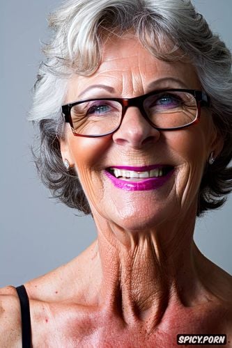 absolutely nude, glasses, grey hair, hourglas body, hairy pussy