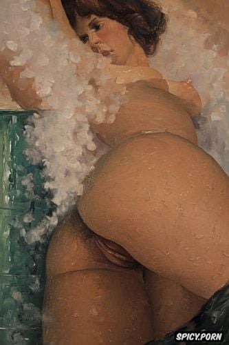 édouard vuillard oil painting, smoke, hairy vagina, small delicate elderly drooping breasts