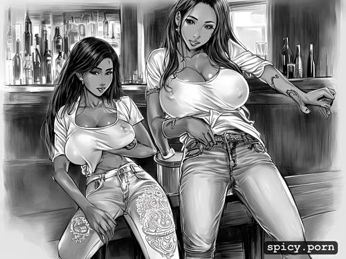 dark skin, detailed face, thai teen sitting in bar, fully clothed in tight white tshirt and jeans