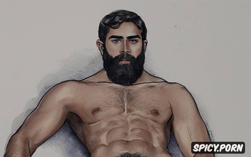 pencil sketch of one alone bearded naked hairy man with humongous heavy balls big penis thick natural eyebrows squatting arabian arab male sweating profusely perfect face highest quality hands feet masterful composition soft lighting