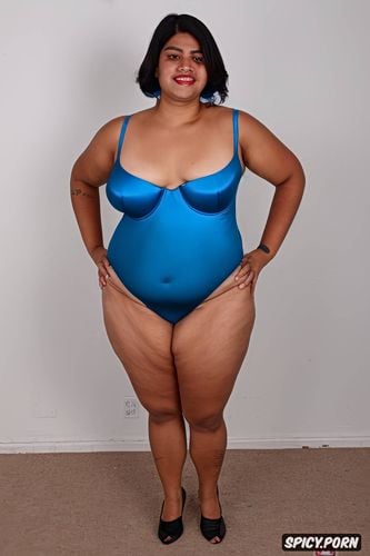 very short hair, huge flabby belly, small shrink boobs, ssbbw hispanic woman