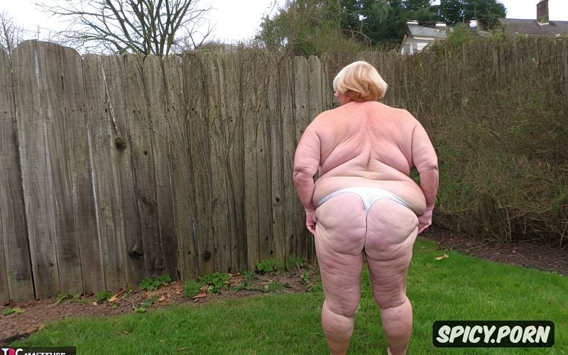 wide hips, large belly, ssbbw1 4, obese, 80 years old, from behind