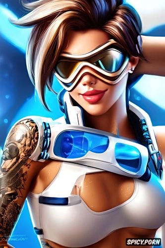 topless, tattoos, high resolution, ultra realistic, tracer overwatch beautiful face full body shot