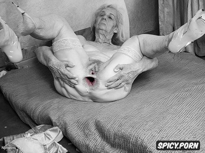 grey hai, bed, very old granny, spreading hairy pussy, indoors