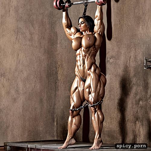 bound, masterpiece, nude muscle woman lift large weights, female strenght