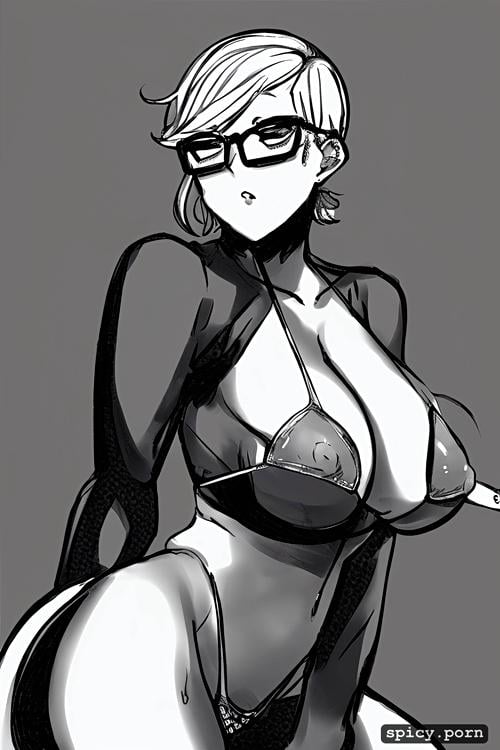 club, natural long tentacle breasts, chubby body, portrait, glasses