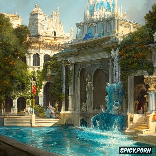 painting, fashion, illustration, architecture, focus on facial details gaston bussière bathing nymphs fountain