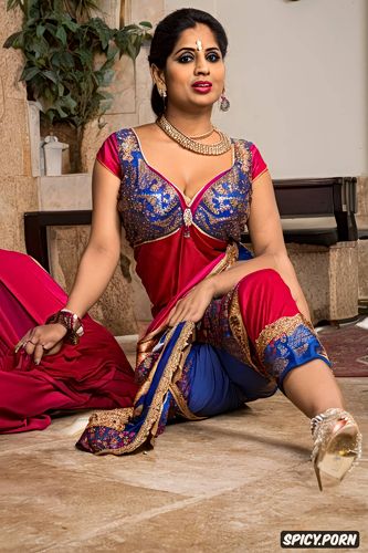 a fully dressed in saree stunning typical gujarati trophy wife provocatively facing the viewer
