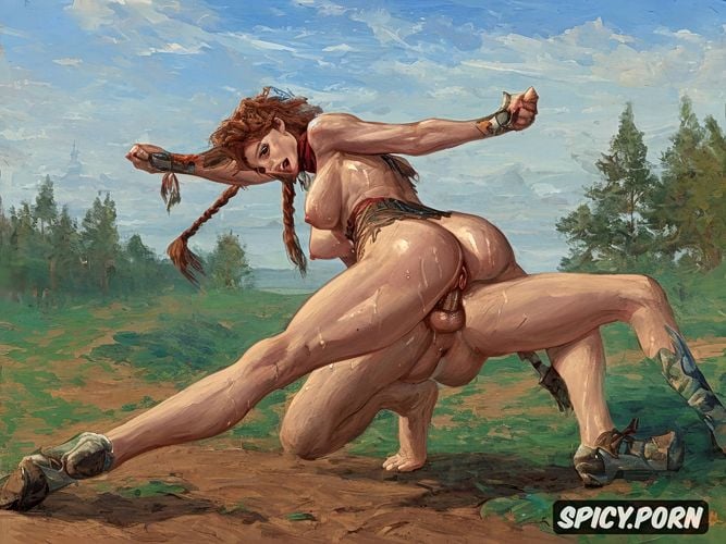 reverse cowgirl, sensual view of pussy and asshole, sweaty, aloy from horizon zero dawn