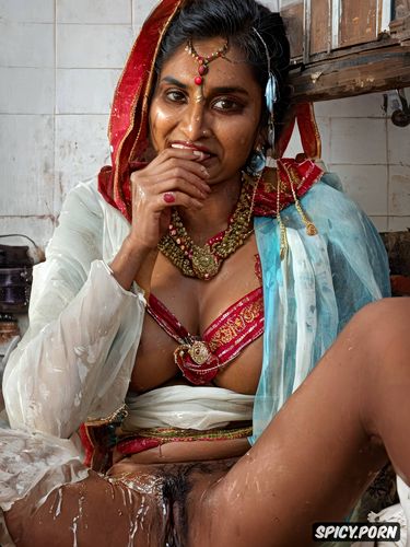 a real life beautiful 20 yo dirty poor indian woman beggar bhabhi opens her vagina standing in the kitchen