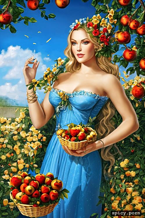 and a garden in the background, blonde aphrodite goddess with blue eyes with a wreath of flowers a basket of golden apples a transparent blue dress