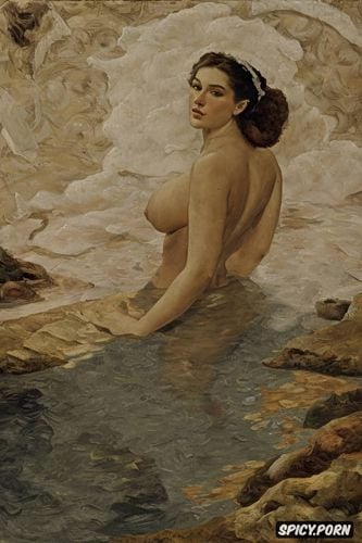 low resolution, chubby belly, german, tiled bathing, textured impasto oil paint