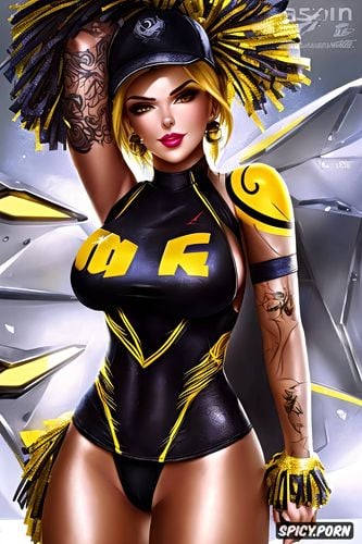 tattoos masterpiece, ultra detailed, ashe overwatch beautiful face young sexy low cut black and yellow cheerleader outfit