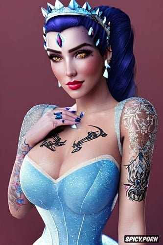 masterpiece, k shot on canon dslr, widowmaker overwatch slutty disney princess cinderella tight low cut cinderella ballgown tiara beautiful face tattoos on tits milf