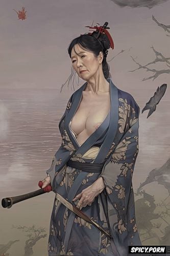 nude portrait, droopy old tits, steam, scythe, old japanese grandmother