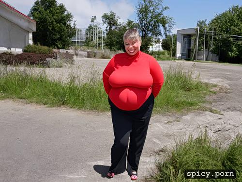 completely huge floppy saggy breasts on obese 60 years old posh russian woman large hairy cunt fat very stupid cute face with small nose much makeup semi short hair standing straight in siberian empty concrete parking lot very large very fat floppy tits full body view large view rich fat lady style