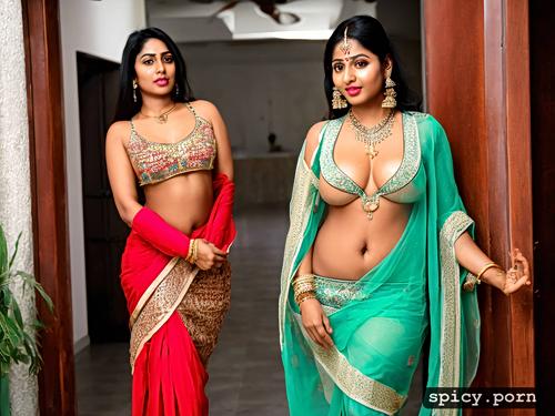 saree, full body front view, indian women, oiled athletic body