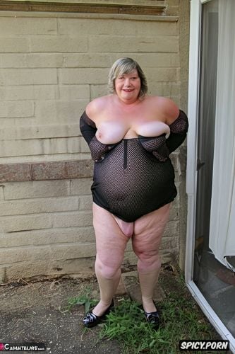 an old fat woman naked with obese ssbbw belly, front view, swearing white see through long briefs