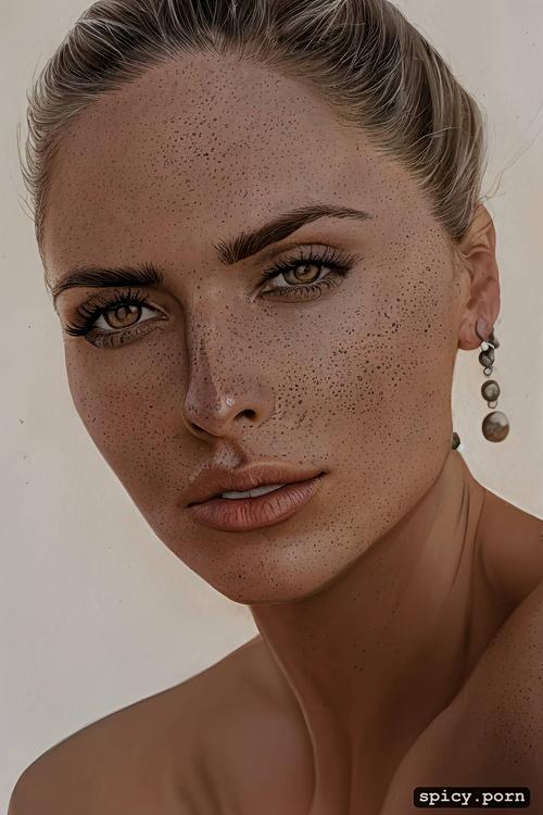 detailed and realistic woman with freckles, 85mm lens, photo realism