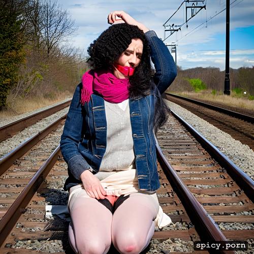 woman gagged with scarf, nude, tied to railroad tracks, dildo in vagina