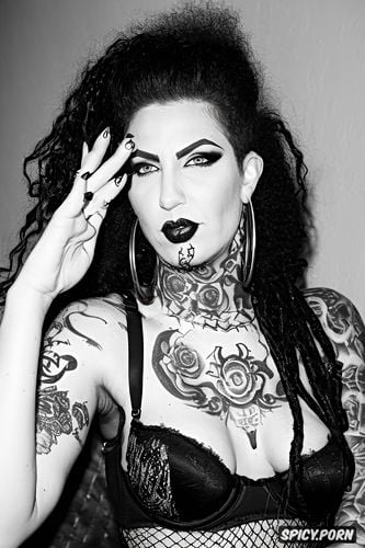 whore, skank, big hair, tattoos, dark, piercings, methhead, witchy