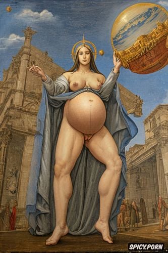 spreading legs shows pussy, robe, virgin mary nude, holy, holding a sphere
