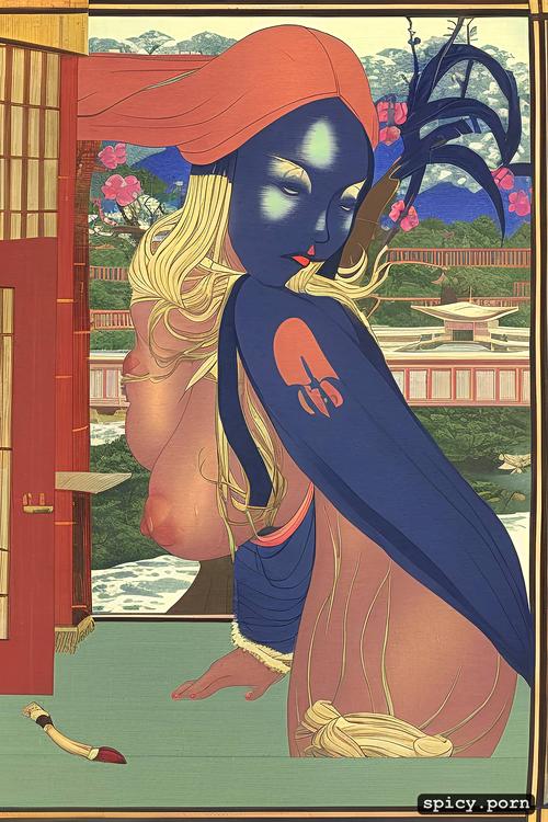full body shot, pink pastel blue nose, mandrill face woman, japanese woodblock print