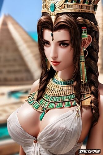 ultra detailed, ultra realistic, aerith gainsborough final fantasy vii remake female pharaoh ancient egypt pharoah crown beautiful face topless