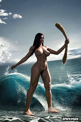 waist long black hair, raging ocean, enormous breast, visible vagina
