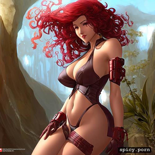 backlighting, ebony lady, red hair, curly hair, armor, portrait