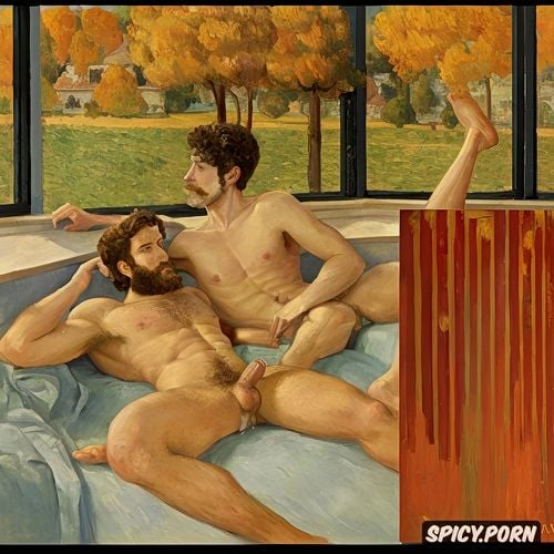 maurice denis, henri toulouse lautrec, georges seurat, handsome ginger gay bearded nude fit man with big nipples and biceps