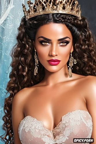 diadem, large dark brown eyes, long soft dark black hair in curly ringlets