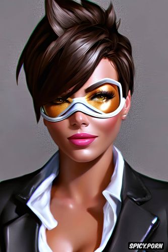 ultra detailed portrait, ultra realistic, tracer overwatch milf full lips black blazer white shirt shirt unbuttoned beautiful face