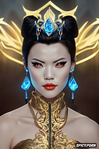 artstation, flame crown, face shot, black hair in an intricate updo