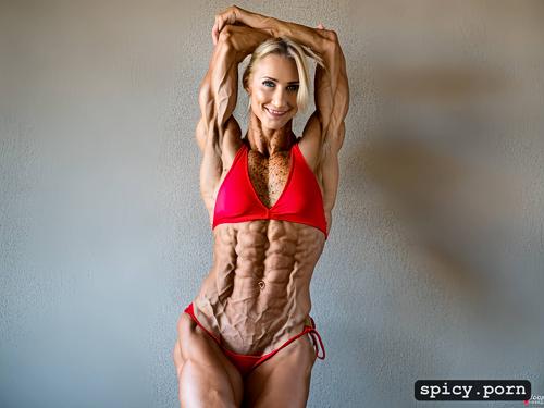 showing armpits, bed, flexing, blue eyes, most muscular female bodybuilder in the world
