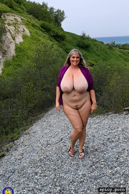 giant saggy tits, krk beach, full body view, standing straight