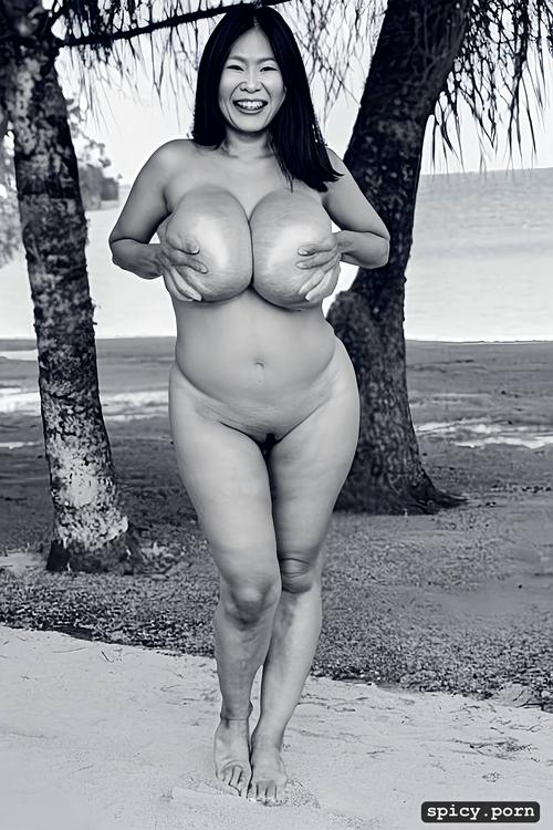 standing at a beach, giant hanging breasts, full front view