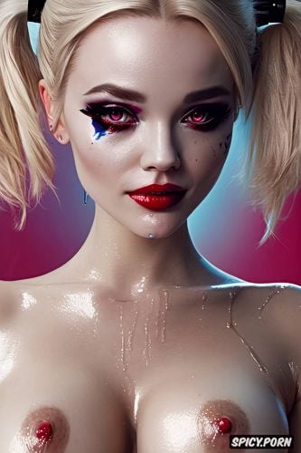 pigtail hair style, pink and blue highlight tips, harley quinn