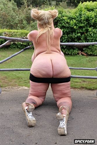 hair buns, happy white woman, kneeling, giant fat ass, obese