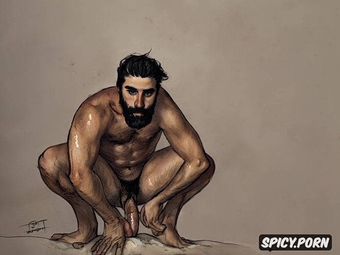 sketch of one alone bearded naked hairy man big testicles big penis thick natural eyebrows squatting arabian arab male sweating perfect face highest quality hands feet masterful composition soft lighting