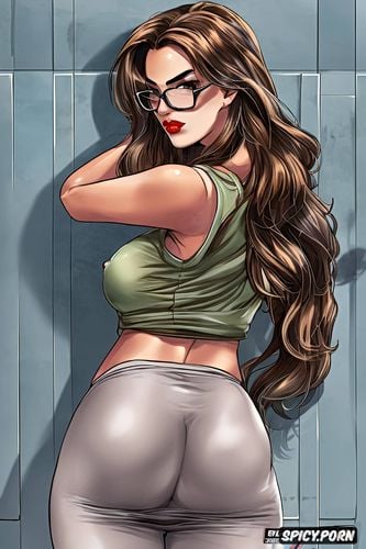 posing, cameltoe, round glasses, red lipstick, nineteen, ultra realistic