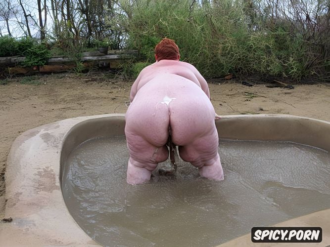 in filthy piss filled bathtub, naked obese bbw granny, short red hair