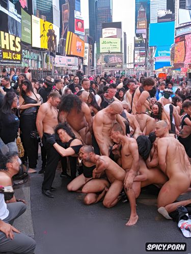 new york times square, dozens of nudists standing together