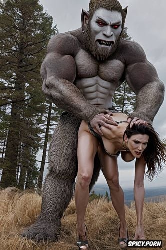 male sasquatch deep humping woman from behind, doggy fucking her deep