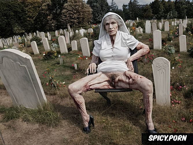 catholic nun, pale, very old granny, cemetery, spreading cellulite legs