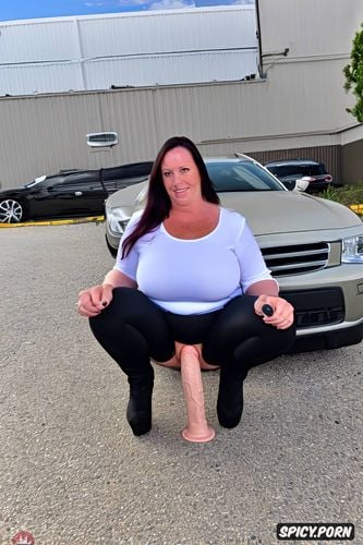 obese white woman squats on a dildo in the parking lot