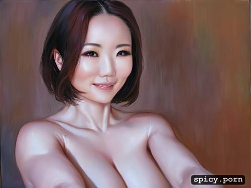 happy face, 45 years, muscular body, chinese female, ginger hair