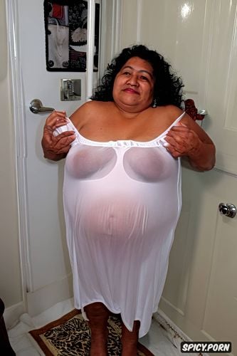 flat chest, an old fat mexican granny, front view, lifting up her night gown to show pussy