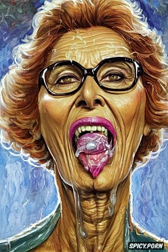 giggling, crazy granny, cum in mouth, big rectangular glasses