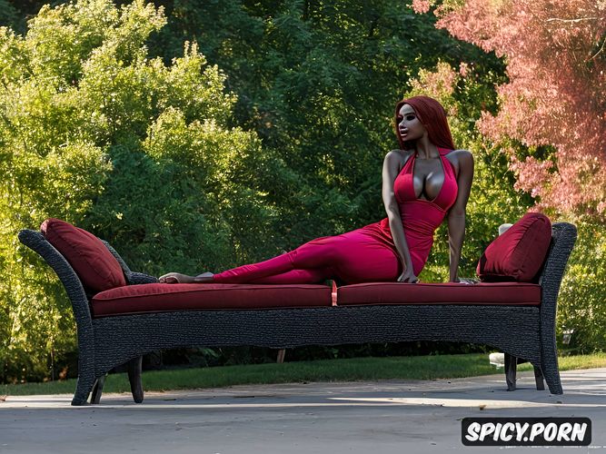 red hair, exotic waitress, laying on chaise, black american model